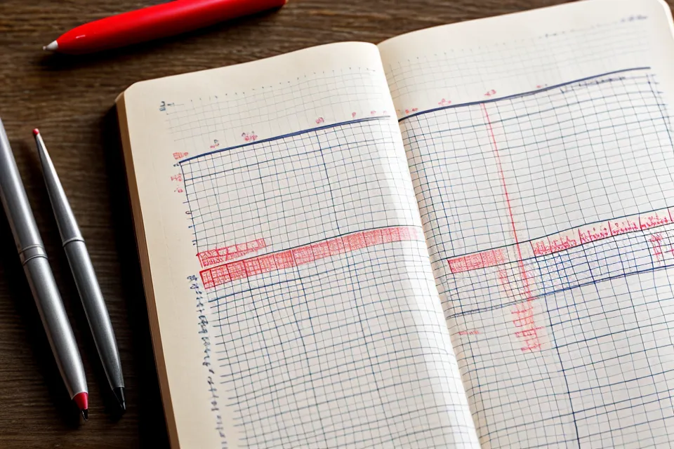 Close-up of handwritten lottery frequency charts in a paper notebook.