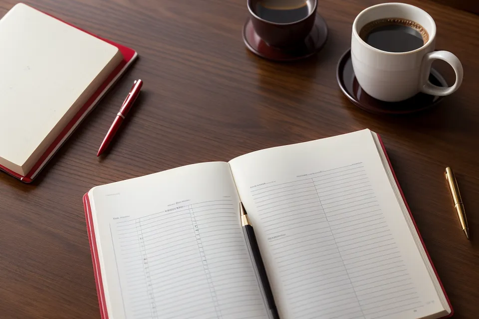 Handwritten lottery frequency chart in a blue notebook with a red pen