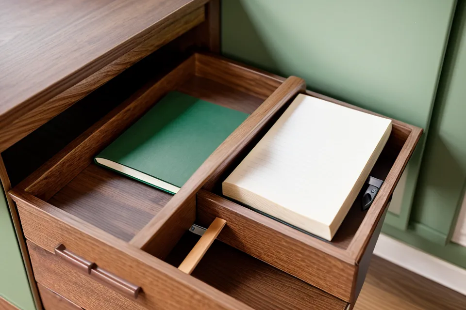 A notebook being stored in a teacher's desk drawer.